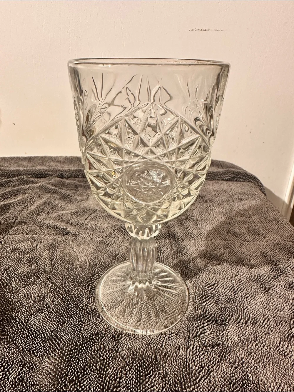 Clear Pressed Glass Goblet - Elegant Patterned Wine Glass